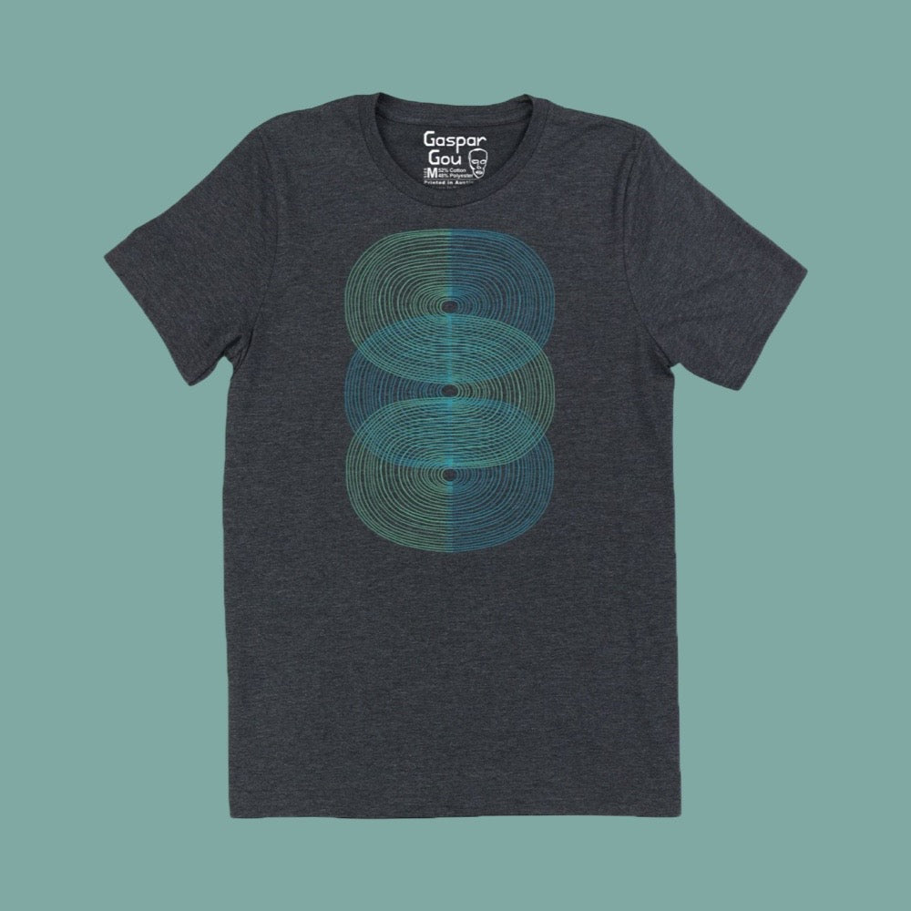 Gaspar Gou dark grey t-shirt with a blue circular graphic on a teal background
