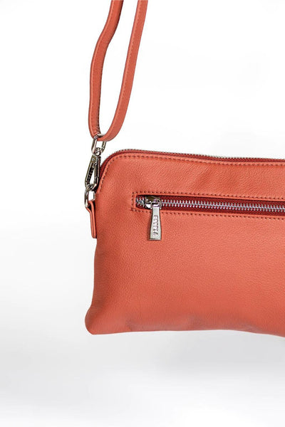 Zip Detail of Hoopla Mini Cross Body Slouch Bag in Terracotta