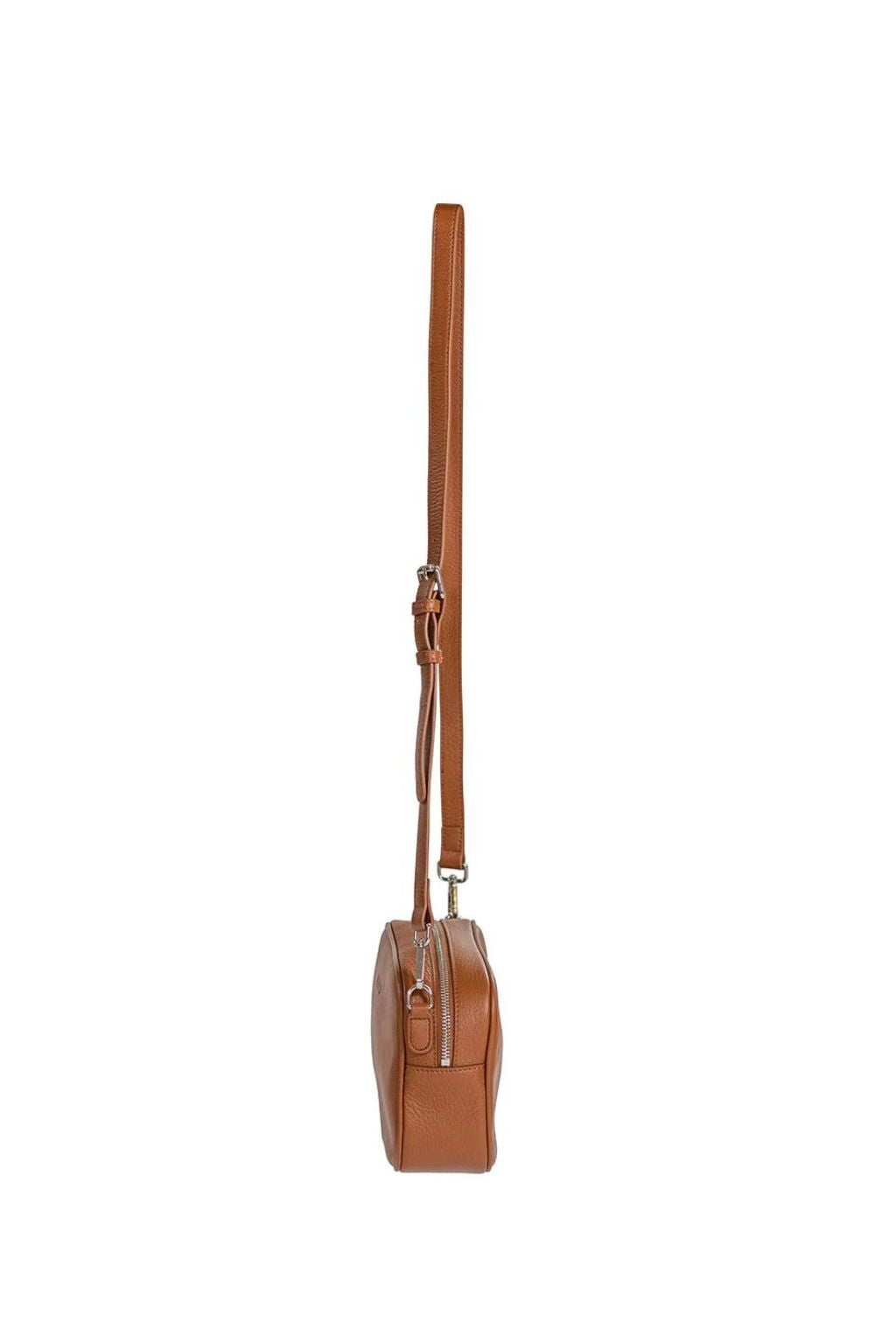 Side View of Hoopla Soft Cross Body Box Bag in Tan