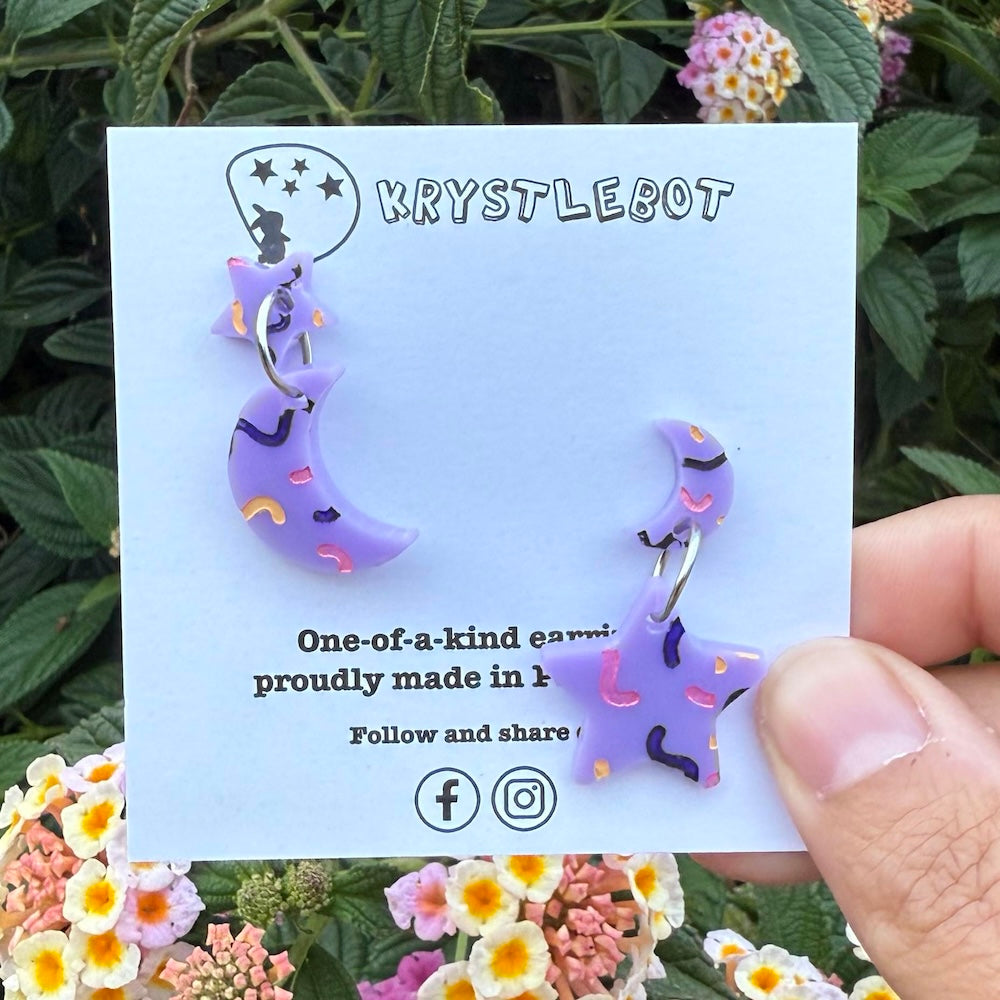 Krystlebot Star & Moon Mismatched Dangles - Lilac/Purple/Pink