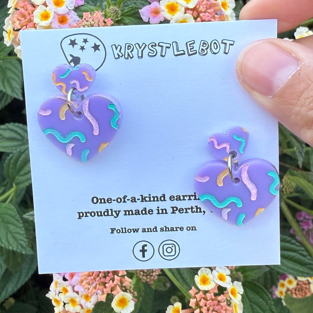 Krystlebot Heart Squiggle Dangles - Lilac/Aqua/Pink