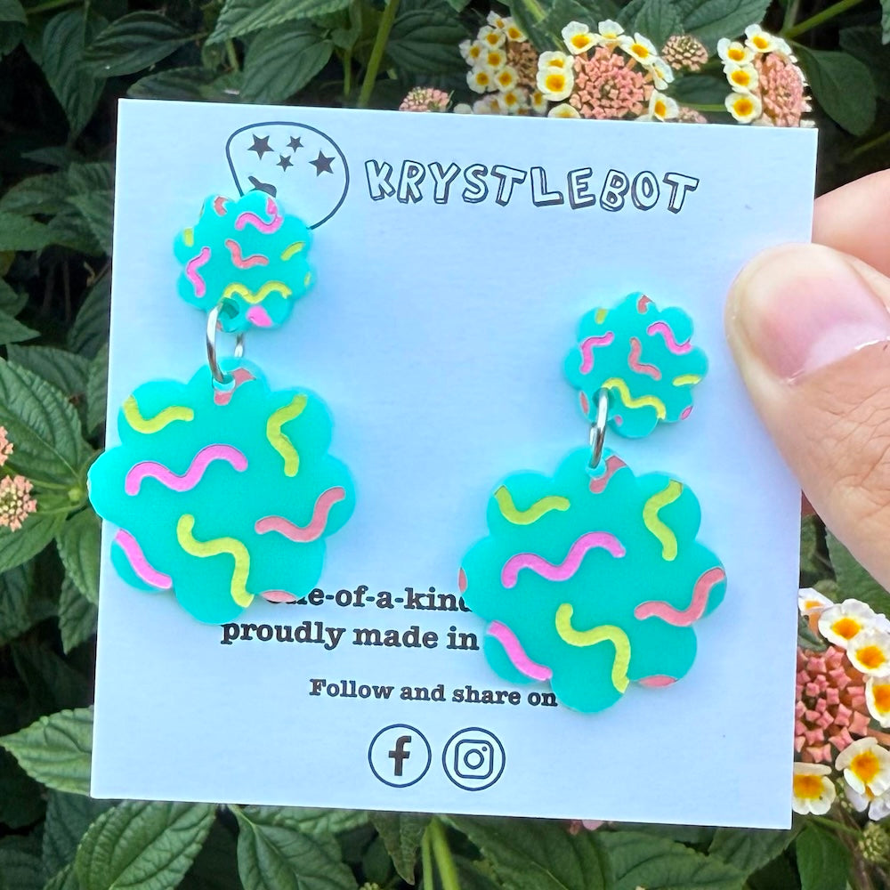 Krystlebot Starburst Squiggle Dangles - Turquoise/Pink/Yellow