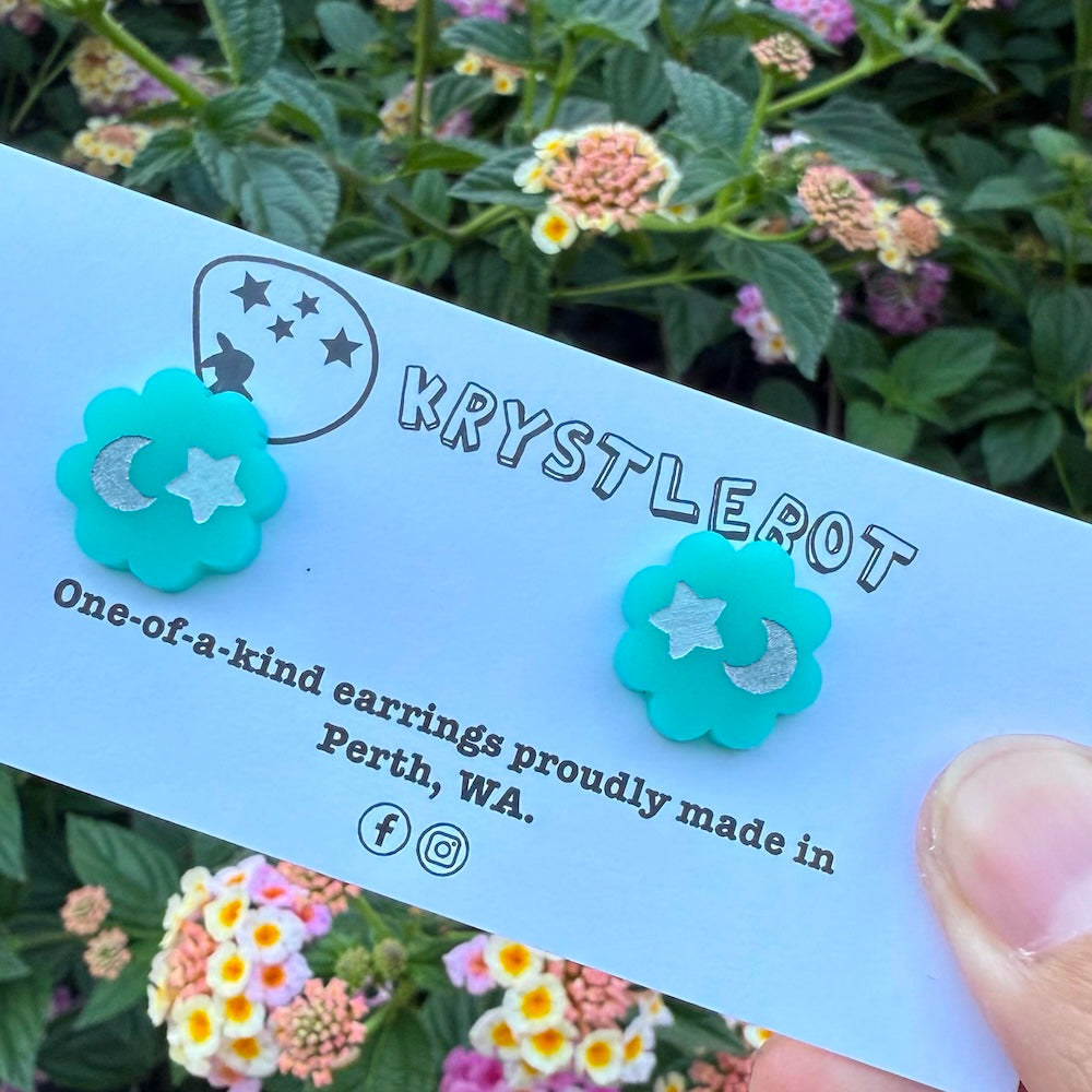 Krystlebot Starburst Studs - Turquoise/Silver Moon/White Star