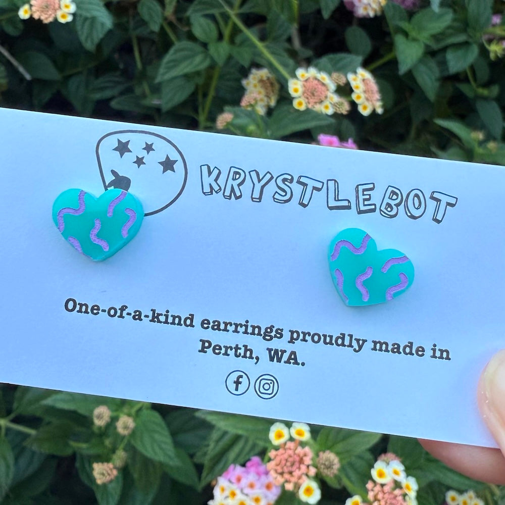 Krystlebot Squiggle Heart Studs - Turquoise/Lilac