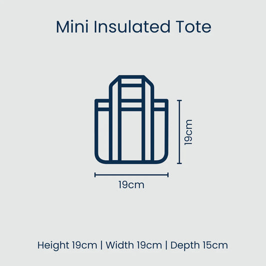 Mini insulated tote with dimensions on a light blue background