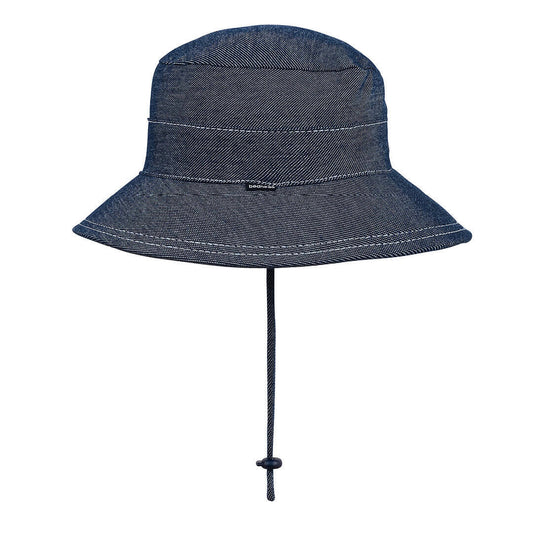 Side view of Blue-black denim bucket hat with a chin strap on a white background