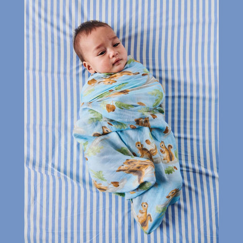Kip & Co Squirrel Scurry Bamboo Baby Swaddle modelled by baby