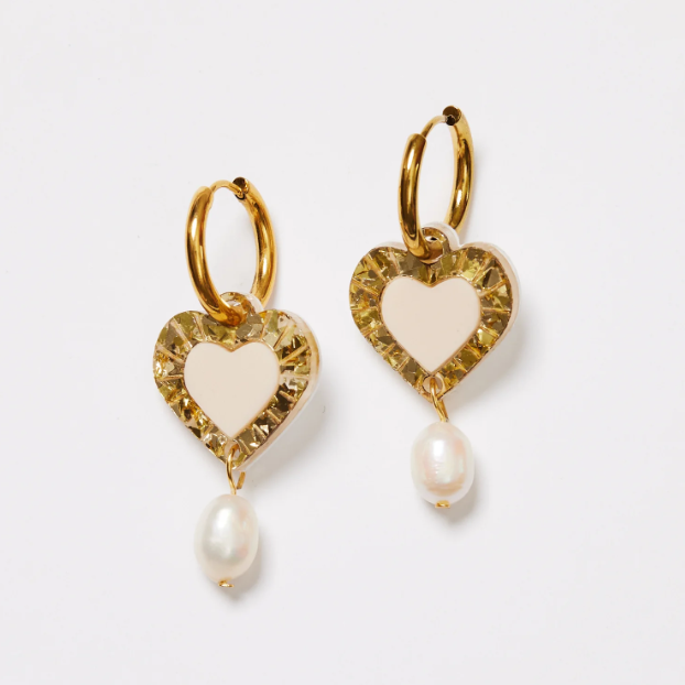 Martha Jean Heart & Pearl Earrings - Gold/Bone