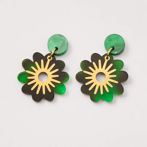 Martha Jean Doris Flower Earrings - Tortoise Green