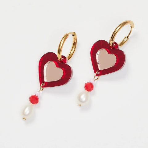 Martha Jean Heart & Bead Earrings - Red/Rose