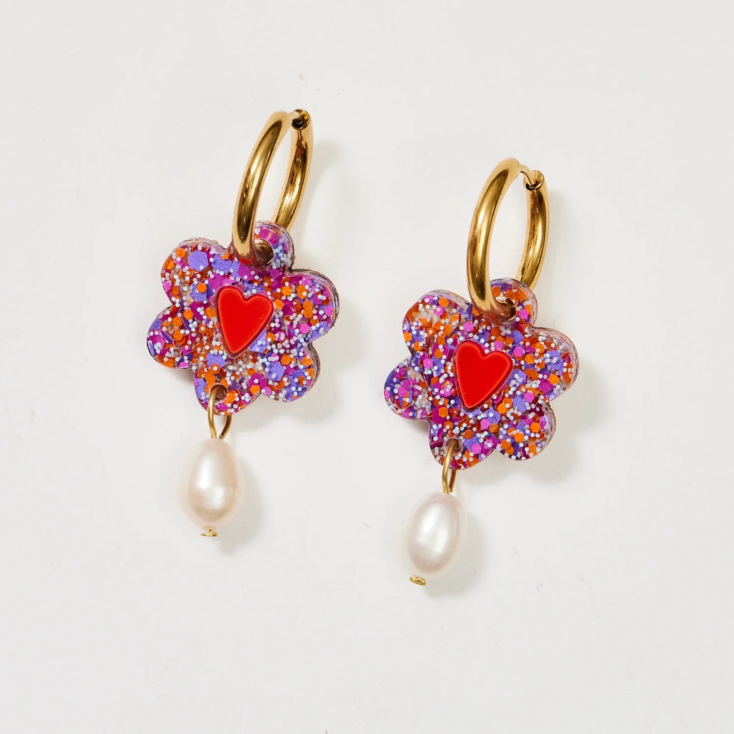 Martha Jean Heart Flower & Pearl Earrings - Purple/Orange
