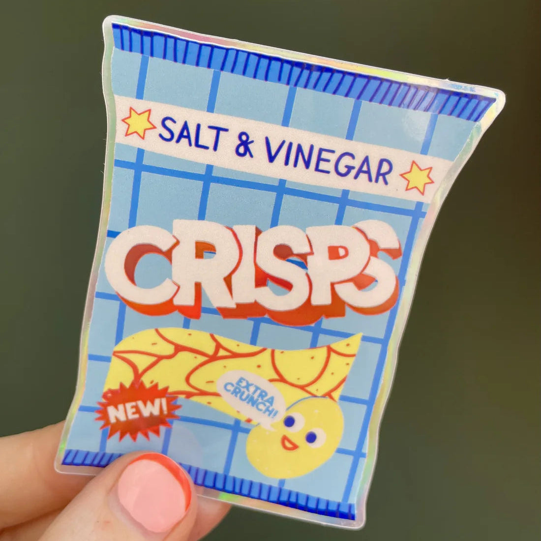 Sticker of a salt and vinegar crisps packet held by a hand against a dark background