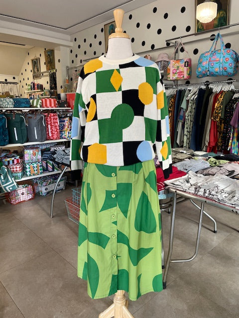 Colourful patterned jumper on Mabel our store mannequin in our shop
