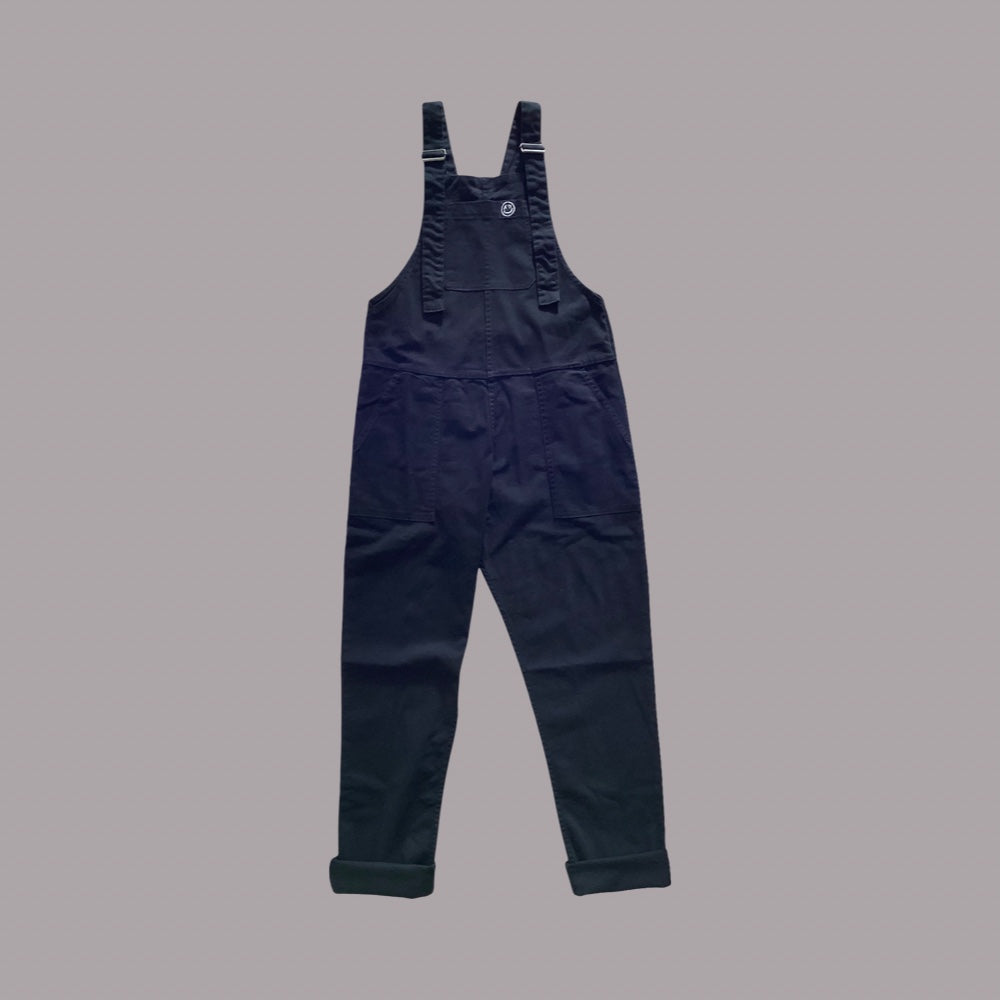 Front view of Rebel Romance Stretch Twill Dungarees in Jet Black