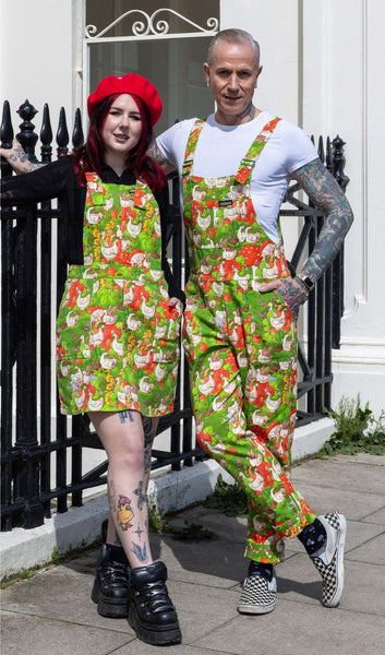 Run and Fly x The Mushroom Babes In The Geese Garden Stretch Twill Dungarees worn by model who is posing with another model wearing Run and Fly x The Mushroom Babes In The Geese Garden Stretch Twill Pinafore.