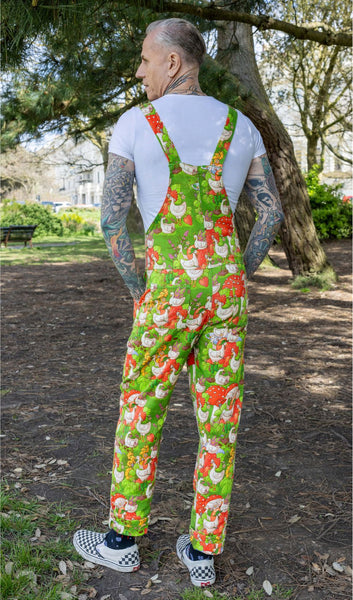 The back of Run and Fly x The Mushroom Babes In The Geese Garden Stretch Twill Dungarees worn by model.