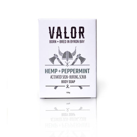 Image is of a white cardboard box containing Valor Hemp and Peppermint soap, on a white background.