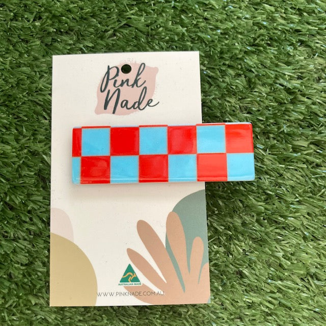 Pink Nade Checkered Rectangle Hair Clip - Blue & Red