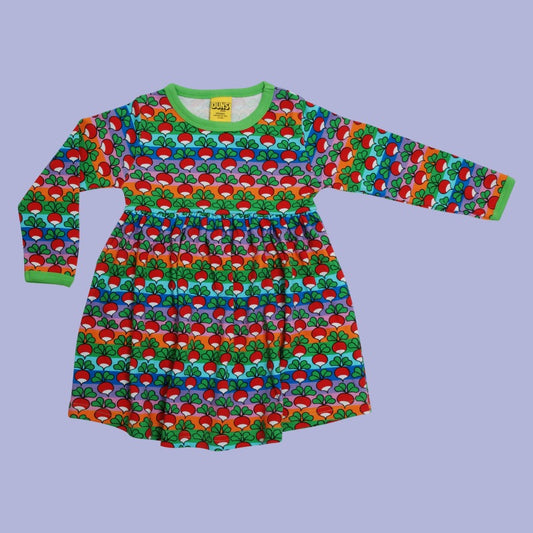 Duns Radish Rainbow Stripe Long Sleeve Dress with Gathered Skirt