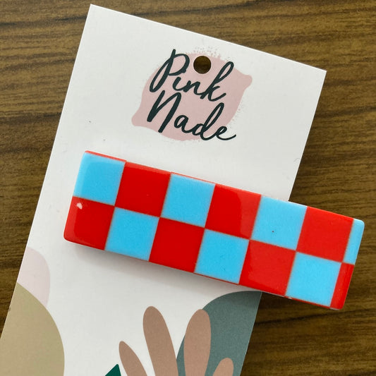 IMPERFECT: Pink Nade Checkered Rectangle Hair Clip - Blue & Red