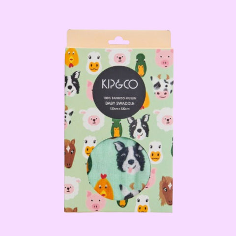 Kip & Co Farm Friends Bamboo Baby Swaddle in packaging