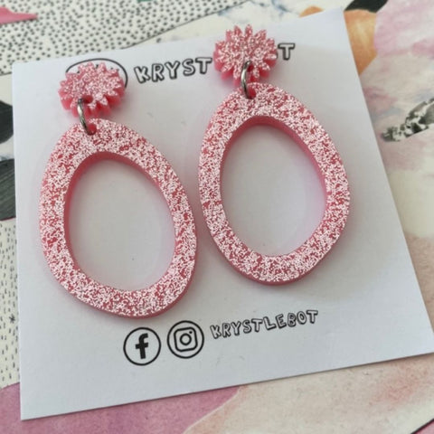 Krystlebot Pink Glitter Large Oval Dangle Earrings