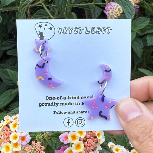 Krystlebot Star & Moon Mismatched Dangles - Lilac/Purple/Pink