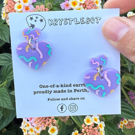 Krystlebot Heart Squiggle Dangles - Lilac/Aqua/Pink