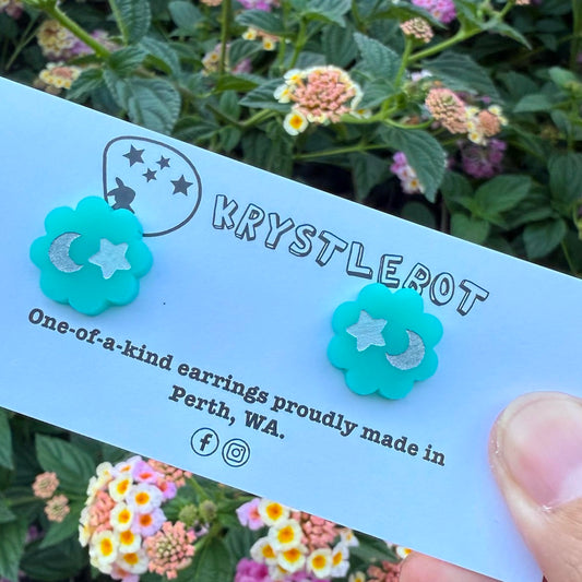 Krystlebot Starburst Studs - Turquoise/Silver Moon/White Star