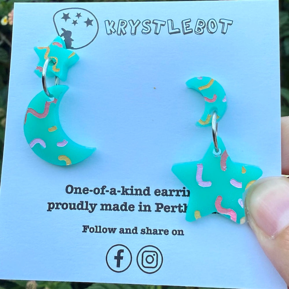 Krystlebot Star & Moon Mismatched Dangles - Turquoise/Pink/Orange