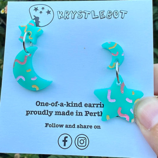 Krystlebot Star & Moon Mismatched Dangles - Turquoise/Pink/Orange