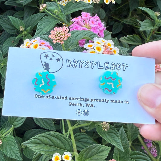 Krystlebot Starburst Studs - Turquoise/Multi Squiggles