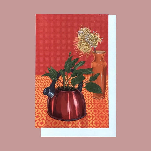 Lucinda Crimson Red Kettle & Orange Vase Card