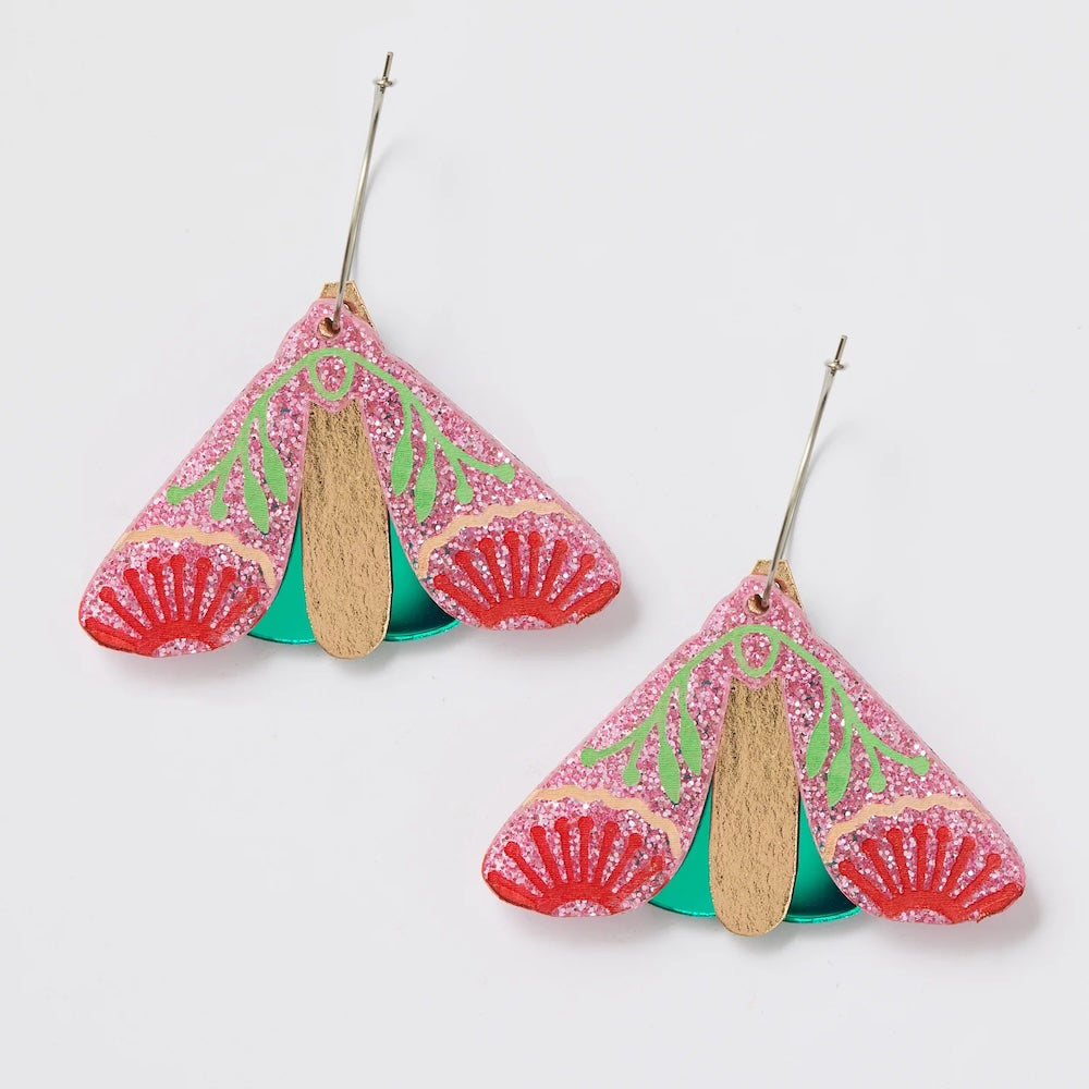 Martha Jean Moth Wattle Earrings - Pink Sparkle/Green