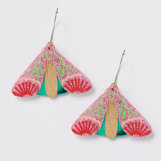 Martha Jean Moth Wattle Earrings - Pink Sparkle/Green
