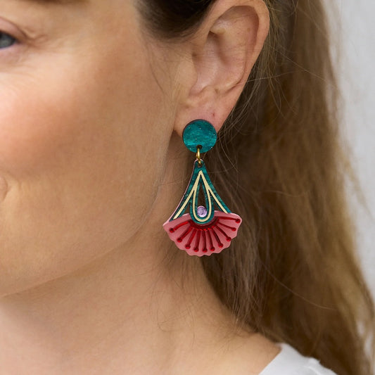 Martha Jean Silver Princess Drop Earrings - Pink/Green