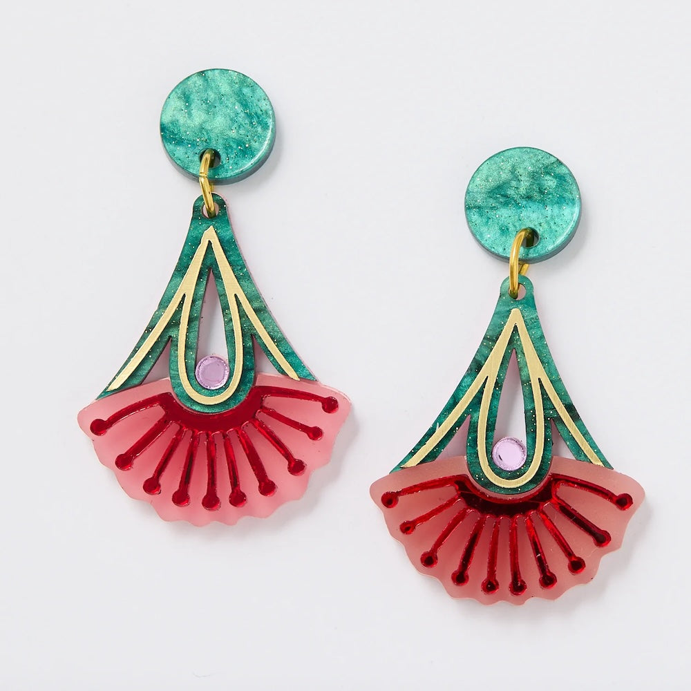 Martha Jean Silver Princess Drop Earrings - Pink/Green
