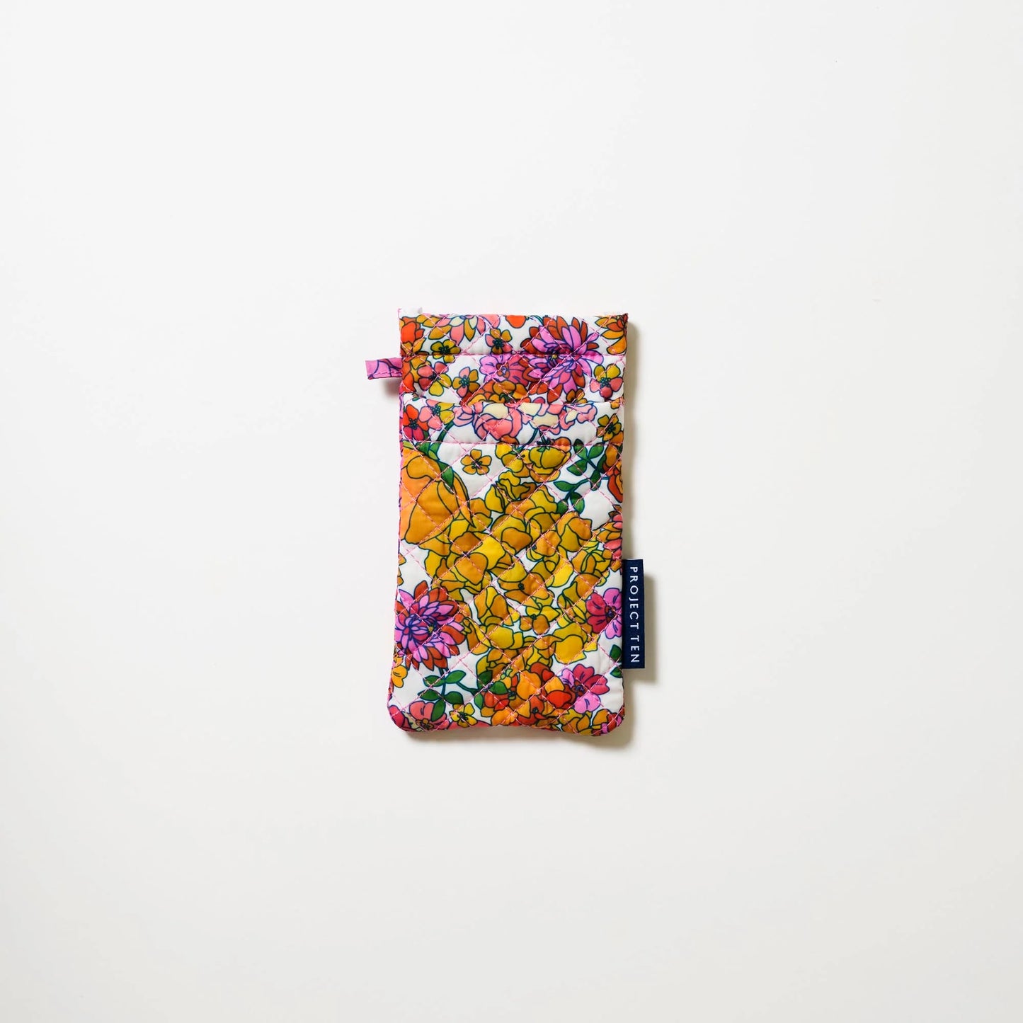 Floral patterned quilted glasses case pouch on a white background