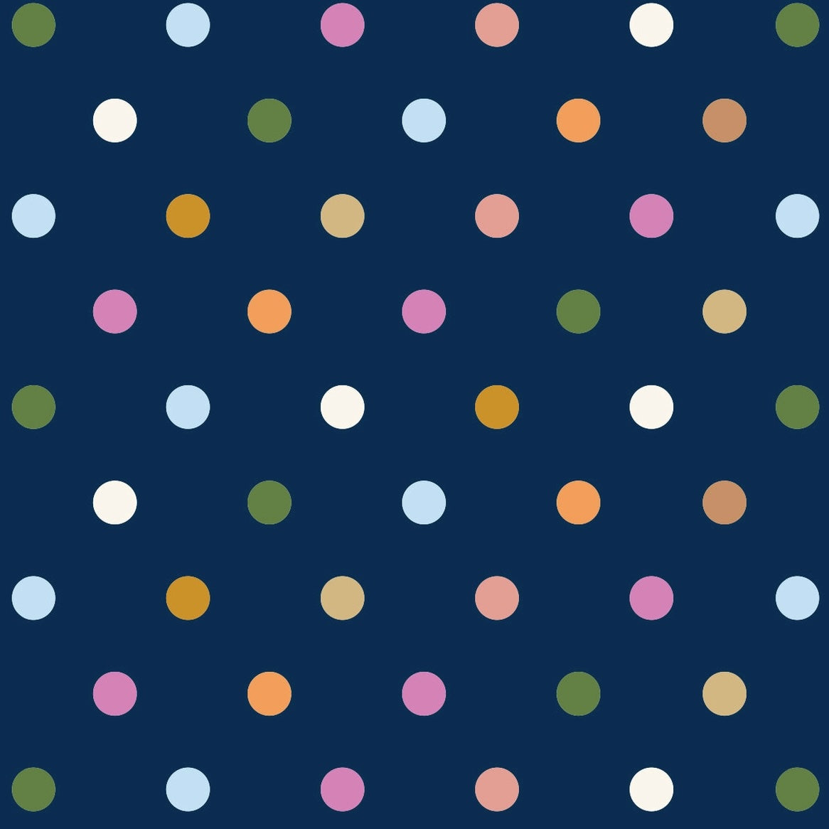 Pattern of colorful polka dots on a blue background