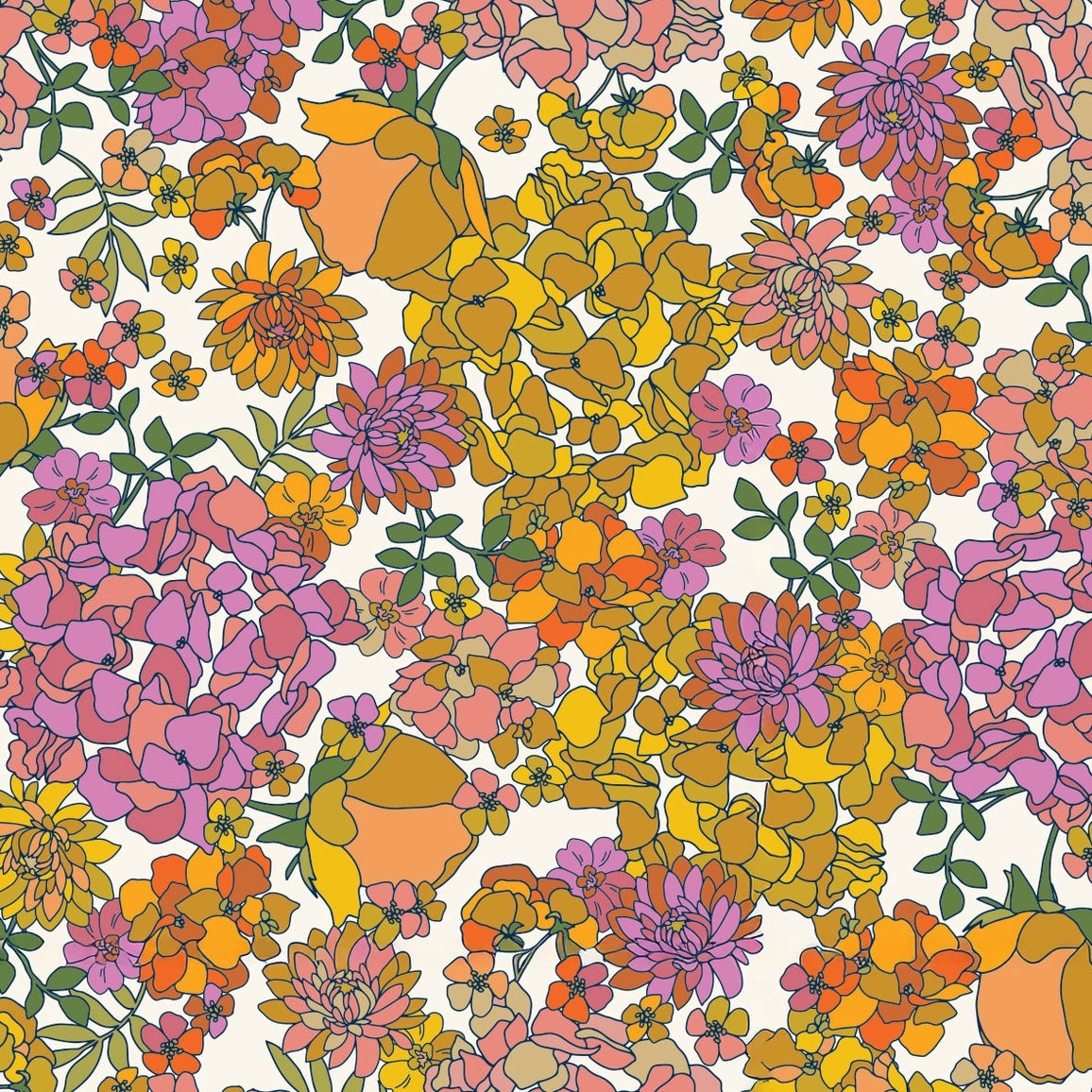 Colorful floral pattern with orange, pink, and purple flowers on a white background