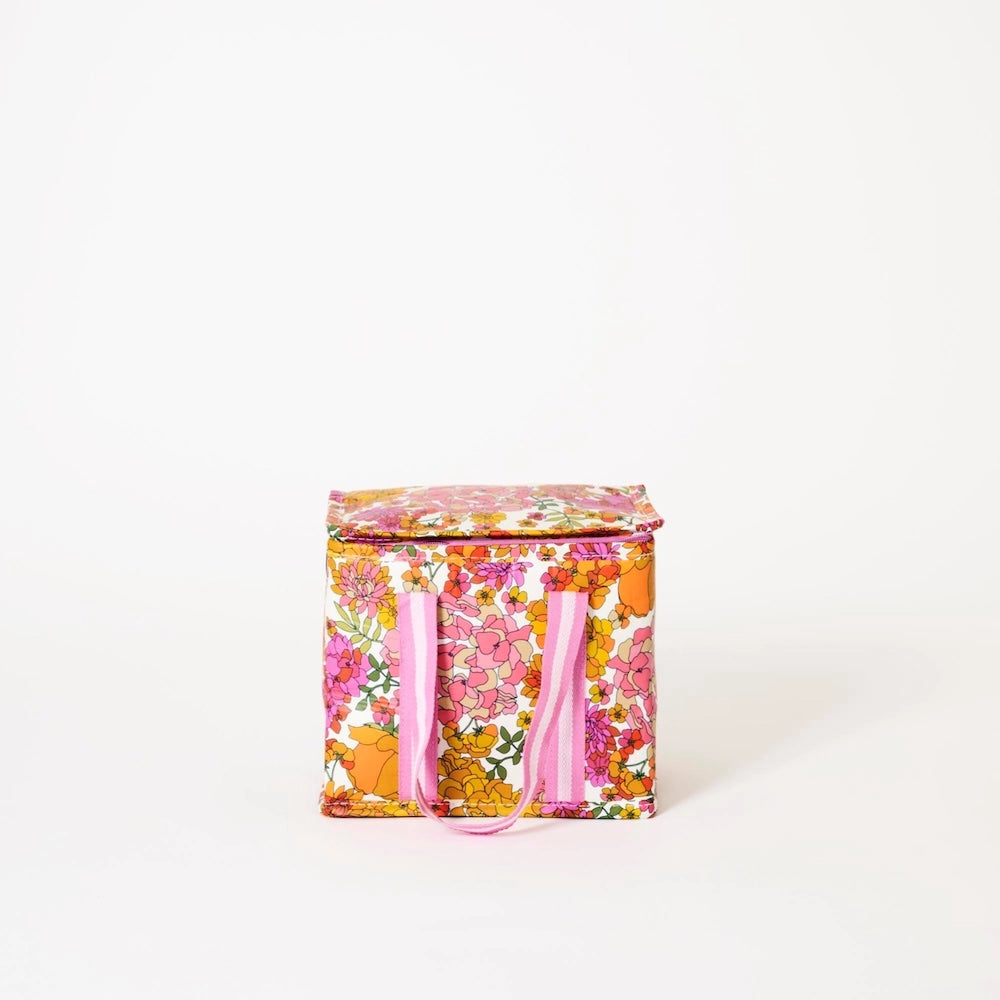 Floral-patterned mini insulated tote bag with pink handles on a white background