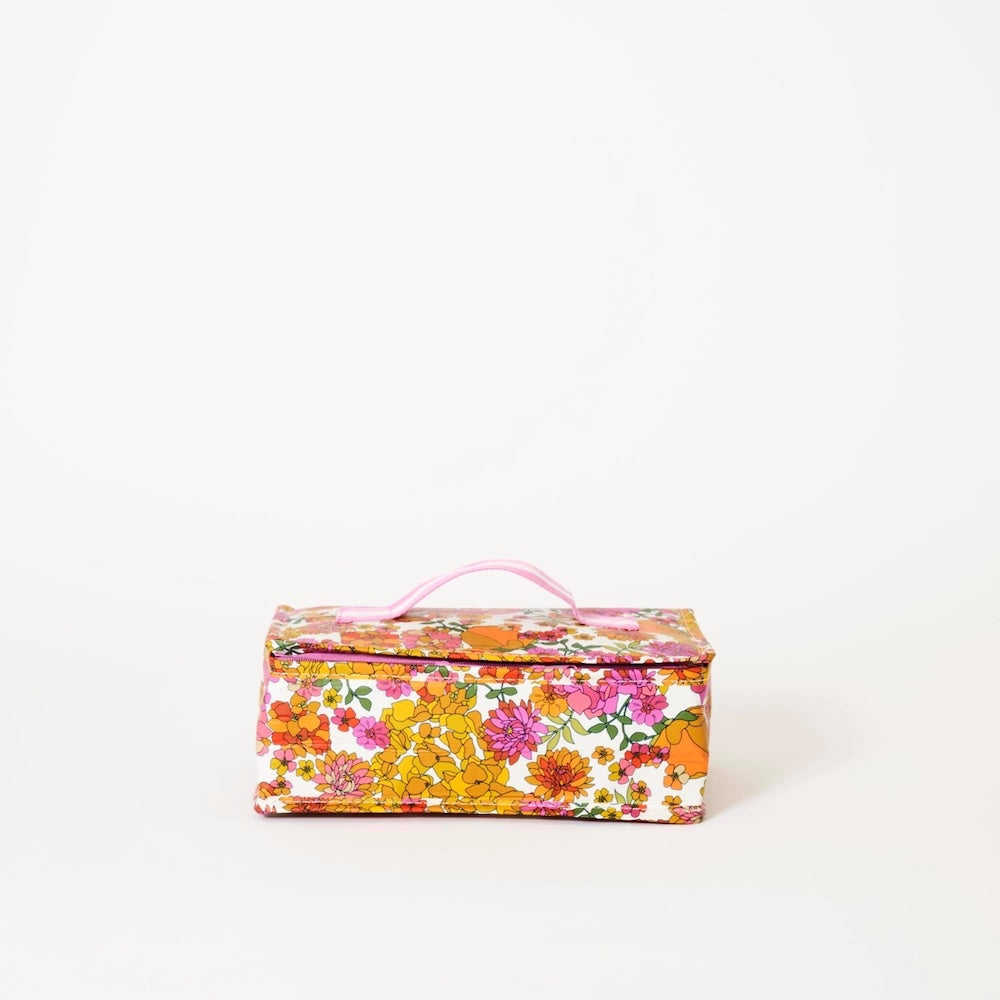 Floral-patterned insulated lunch box on a white background
