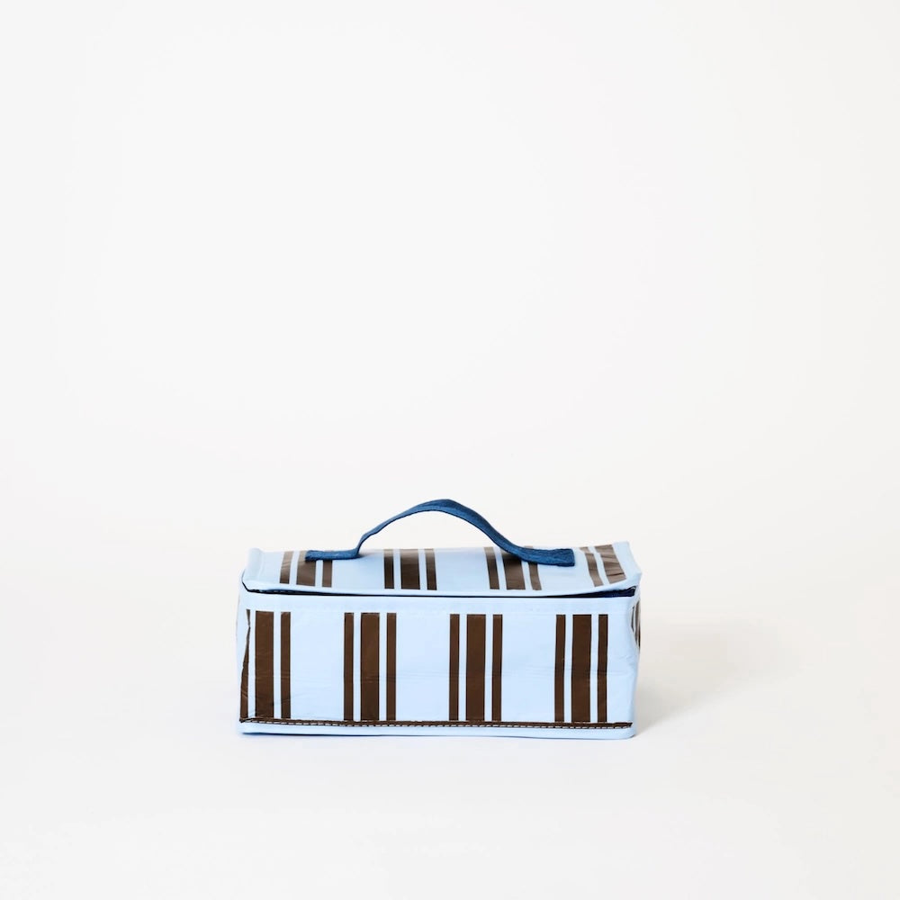 Rectangular lunch box bag with brown and light blue stripes on a light blue background