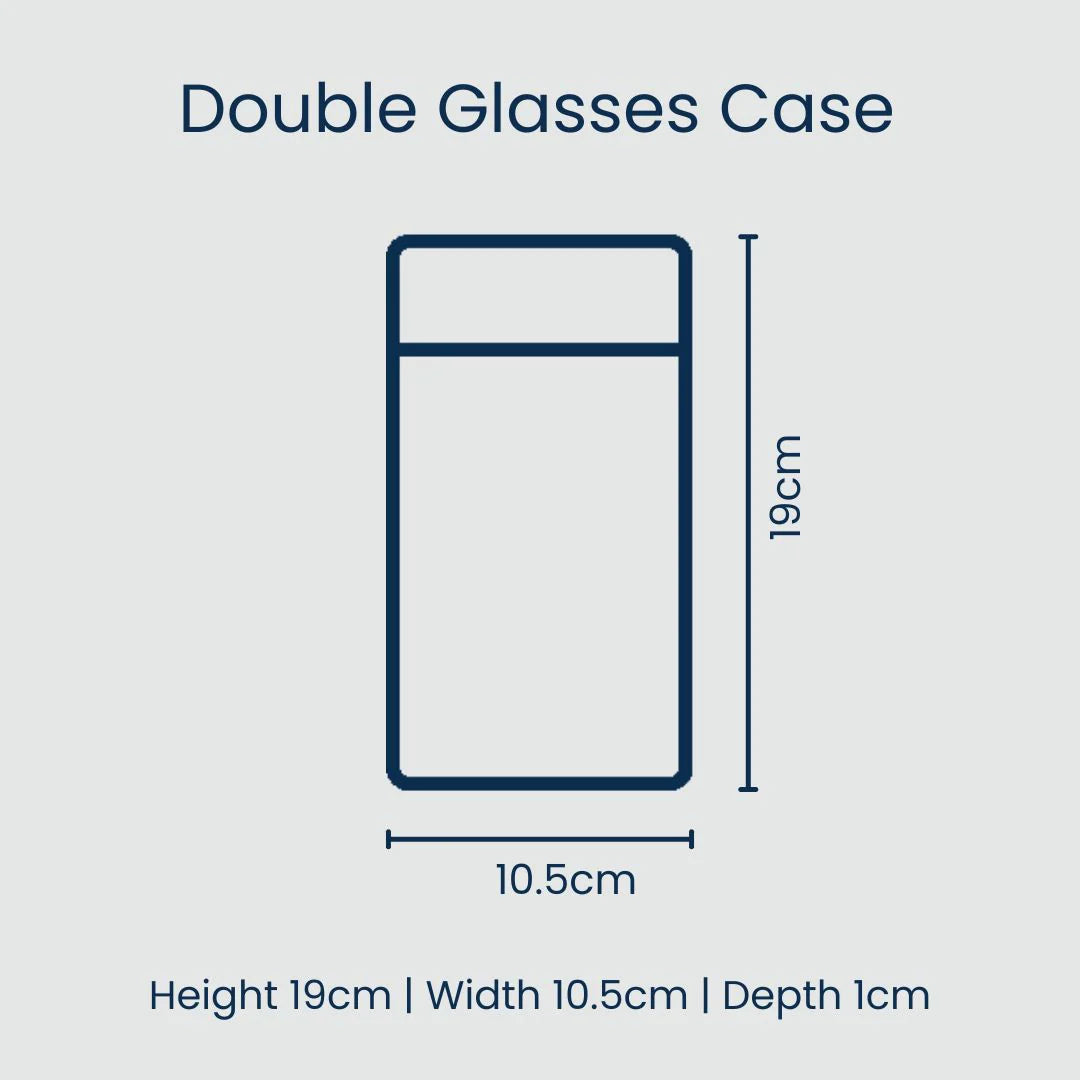 Measurement chart for a double glasses case with dimensions on a light gray background