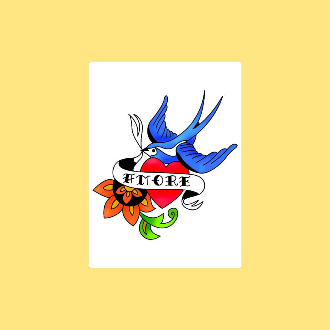 A greeting card featuring a traditional tattoo-style swallow holding a red heart with a banner that reads 'AMORE', centered on a white background with a pale yellow border.