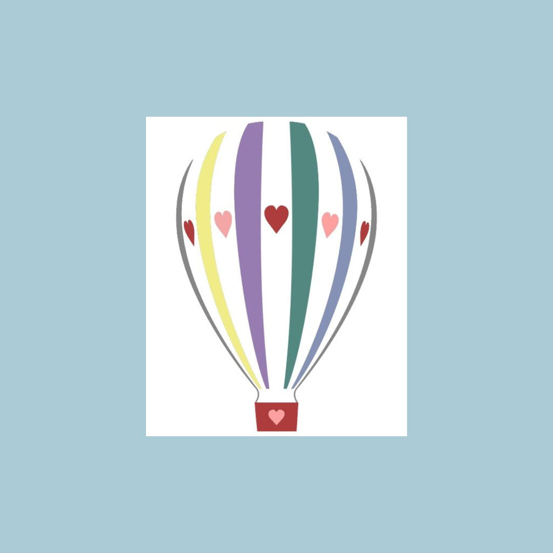 A greeting card with a minimalist  illustration of a hot air balloon with colorful vertical stripes in purple, green, yellow, and blue, accented with pink and red hearts,  against a solid light blue background.