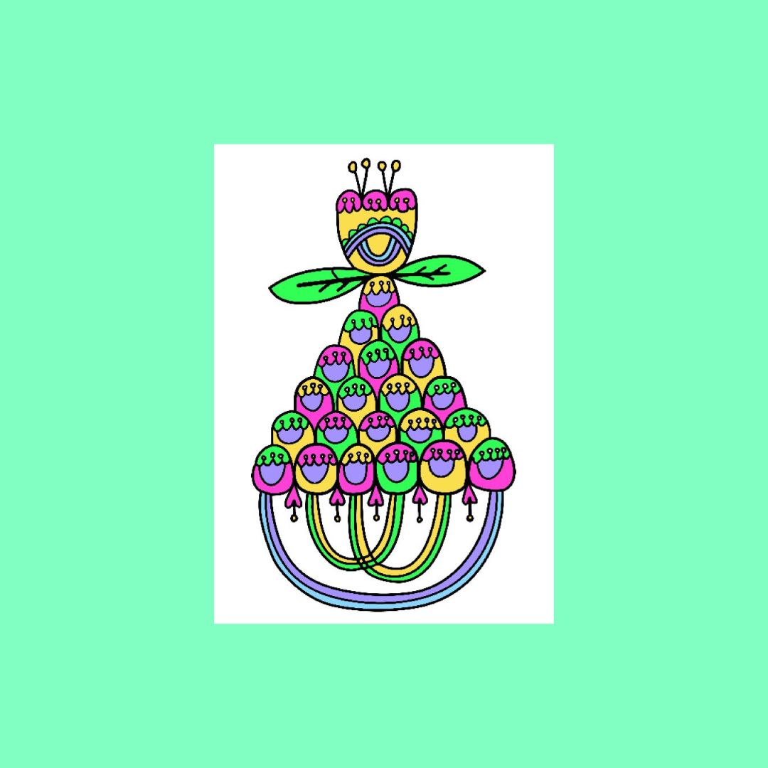 A colorful abstract illustration centered on a white rectangular card, set against a mint green background. The artwork features a stylized floral or tree-like form with pink, purple, green, yellow, and blue shapes outlined in black.