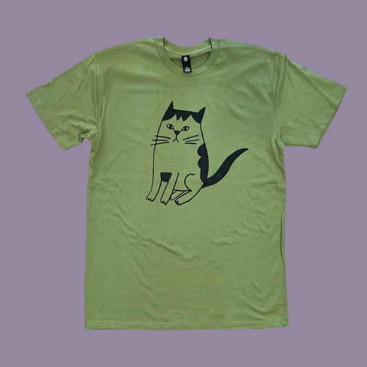 Green t-shirt with a black cat illustration on a purple background