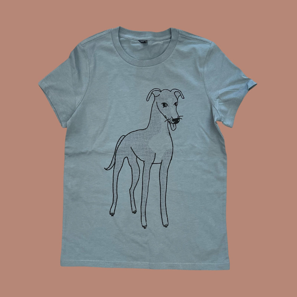 Light blue t-shirt with a dog graphic on a brown background