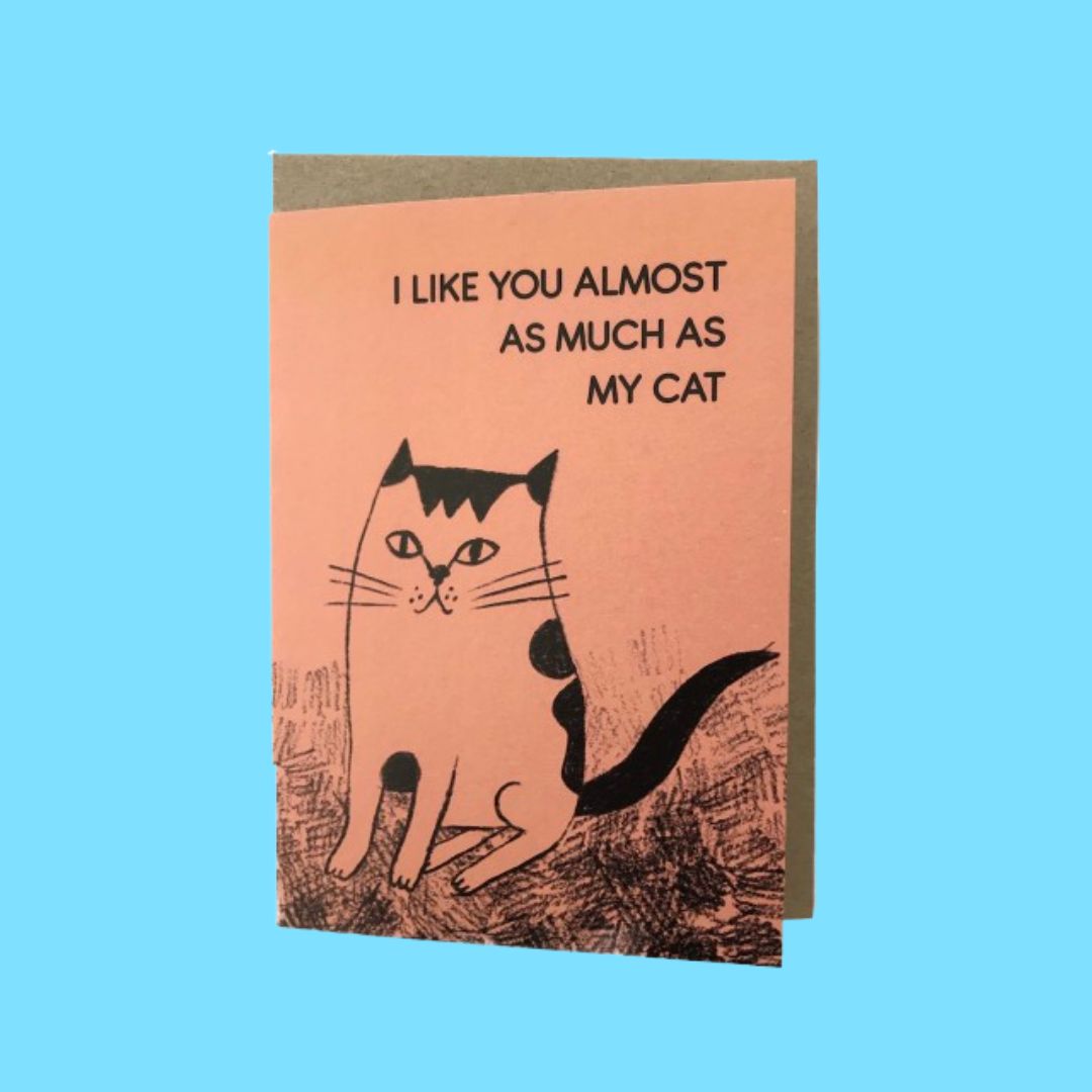 Card with illustration of Maude the cat and text above the cat "I like you almost as much as my cat", against a light blue background